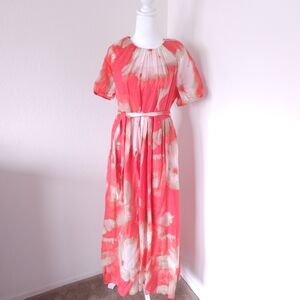 Simply Vera Wang Coral and Cream Floral Maxi Dress w/ Waist Tie & Pockets Size M